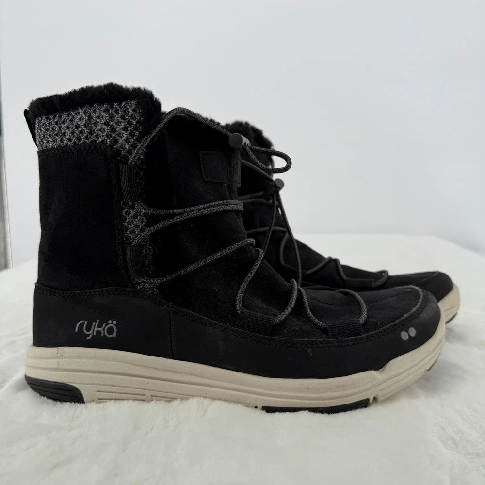 Ryka Aubonne Faux Shearling Bungee‎ Lace Boots Black Women's Size 8